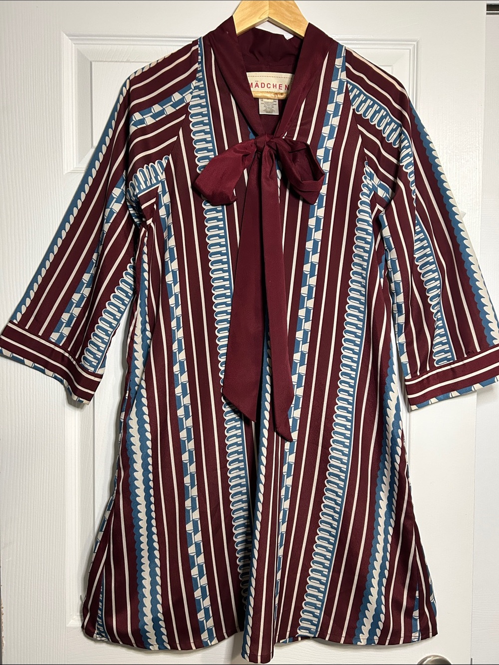 Anthropologie Burgundy, Blue & White Striped Bow-Front Dress
